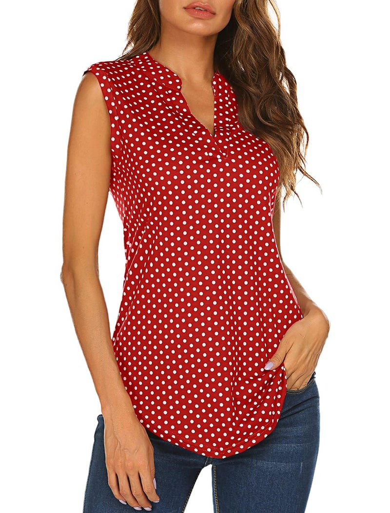 Halife Womens Casual V Neck Tank Tops Summer Business Blouse Polka Shirts Red M - Image 1